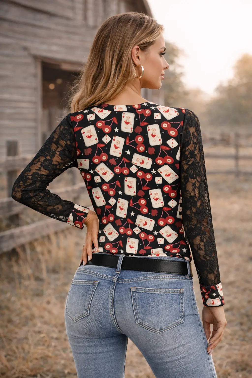 Card Room Cowgirl Lace Sleeve Top