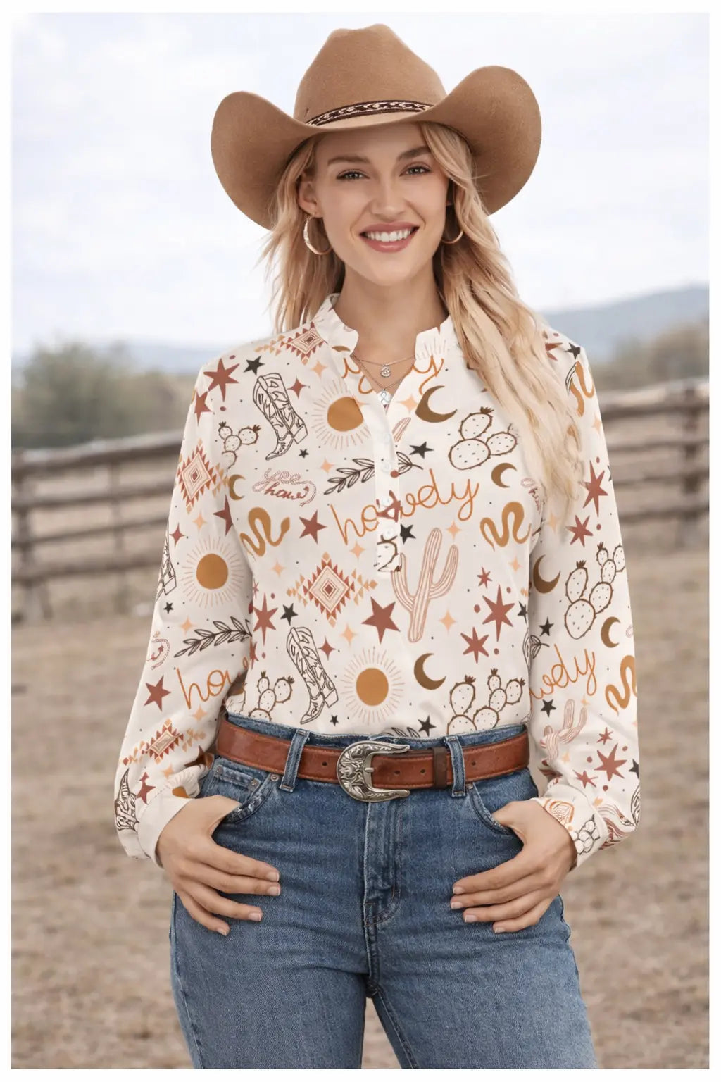 Yeehaw Howdy Quarter Button Long Sleeve Pullover Blouse