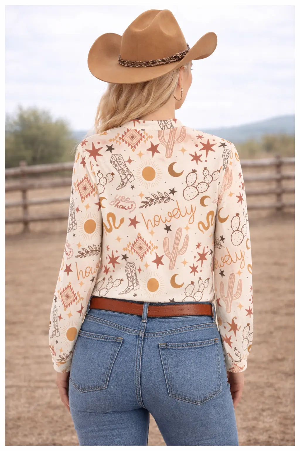 Yeehaw Howdy Quarter Button Long Sleeve Pullover Blouse