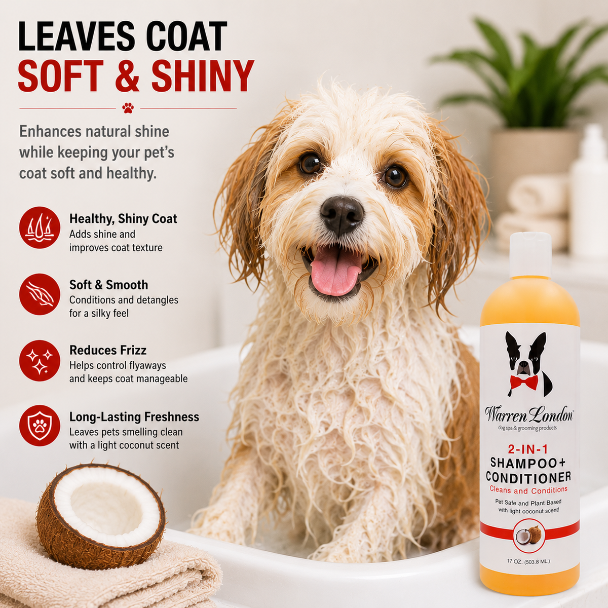 2-in-1 Dog Shampoo & Conditioner – Coconut, 17 oz