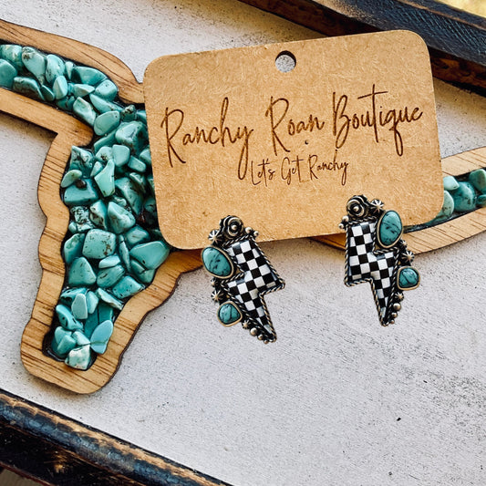 Checkered Lightning Bolt and Turquoise Stone Western Earrings