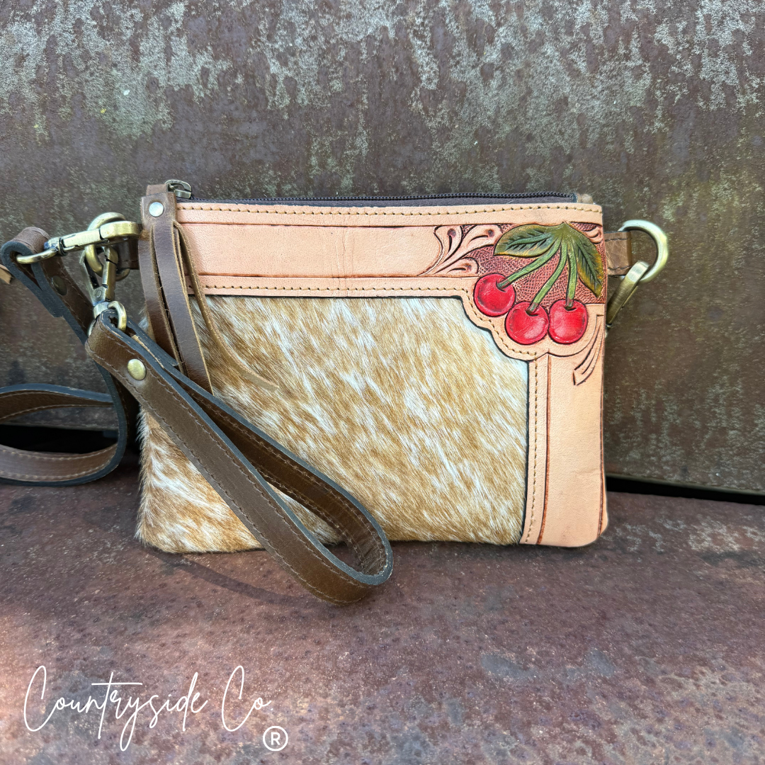 Cherry Bomb Cowhide Purse Crossbody with Wristlet