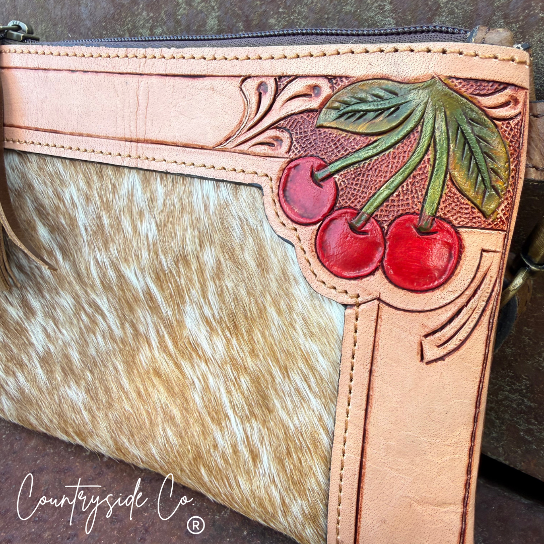 Cherry Bomb Cowhide Purse Crossbody with Wristlet
