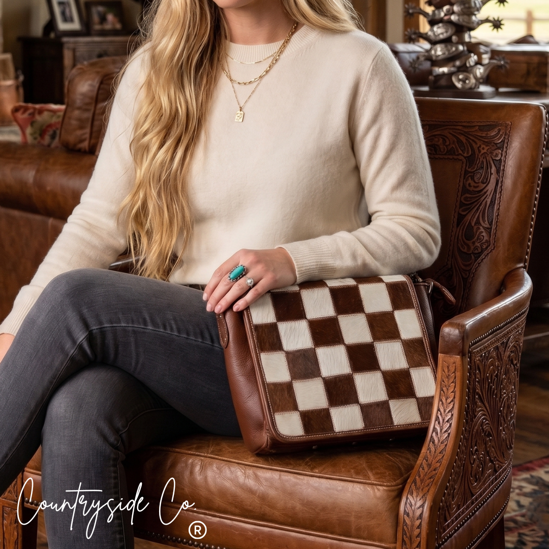 Cattleman Luxe Checkered Cowhide Concealed Carry Purse