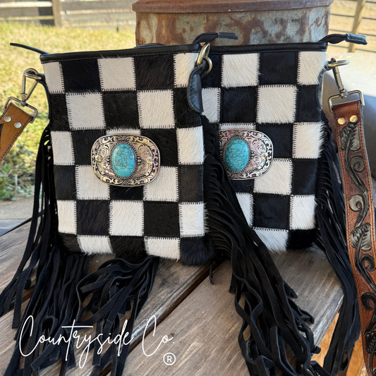 Bandit Checkered Buckle Fringe Purse
