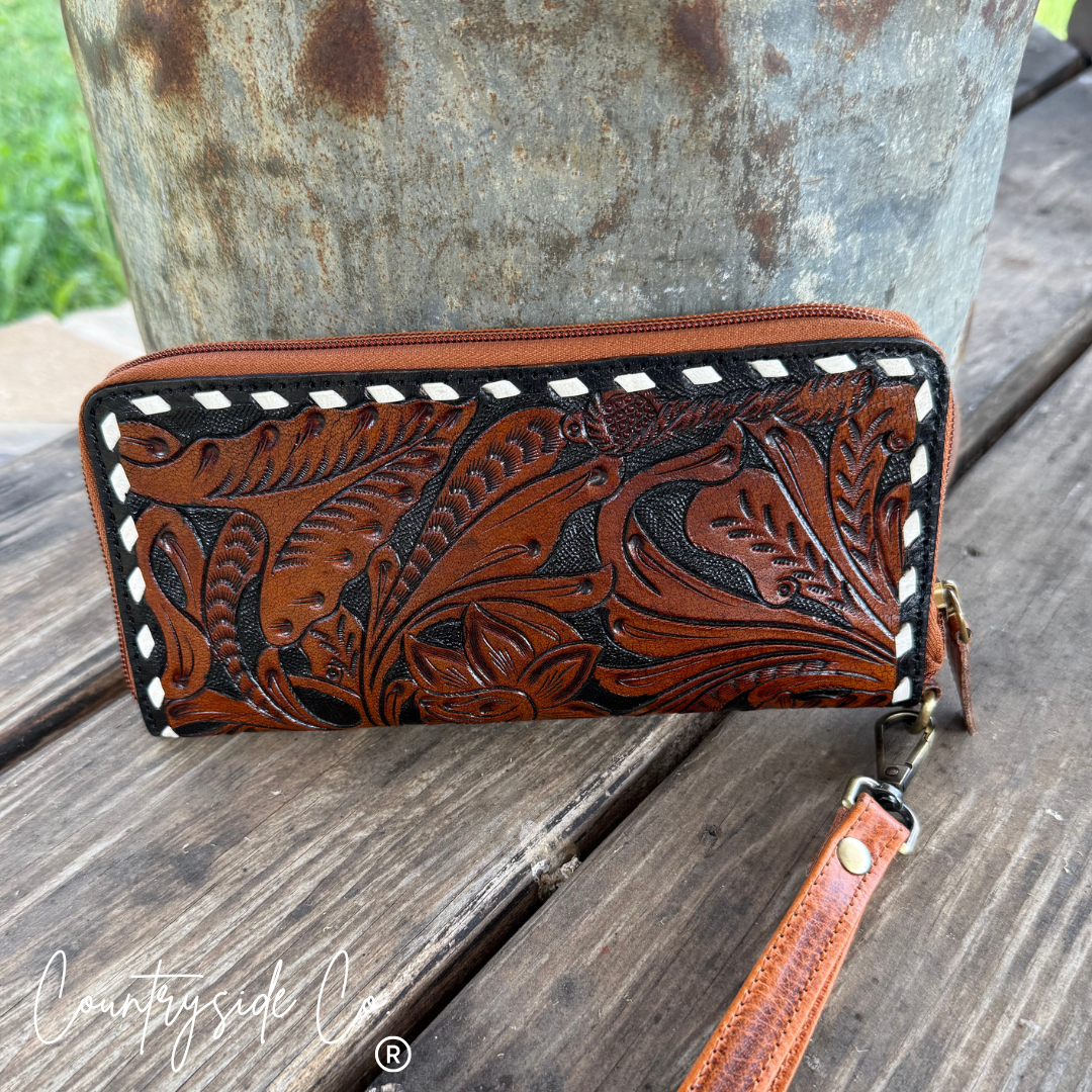 Laney Tooled Leather Wallet Wristlet