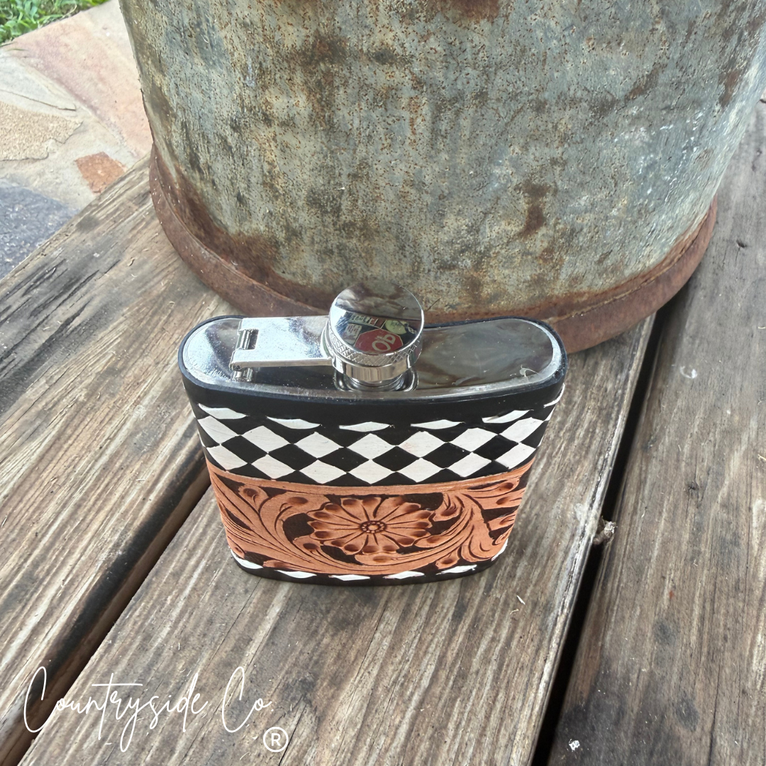 River Check Tooled  Leather Flask