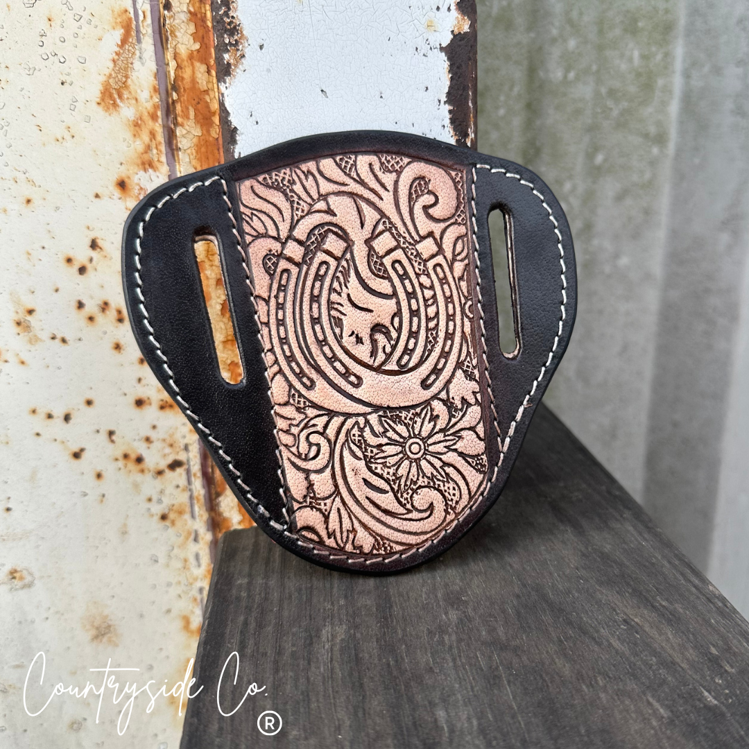 Lucky Horseshoe Tooled Leather Knife Sheath