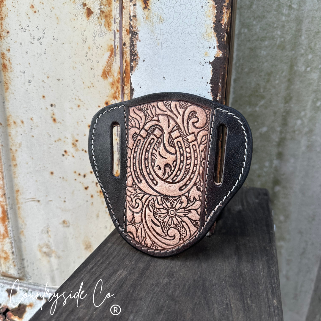 Lucky Horseshoe Tooled Leather Knife Sheath