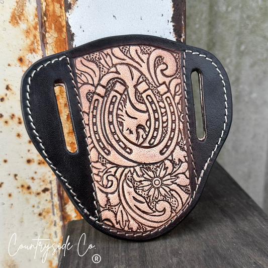 Lucky Horseshoe Tooled Leather Knife Sheath