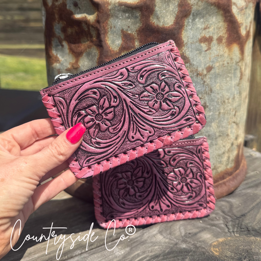 Pink Tooled Leather Pouch Organizer