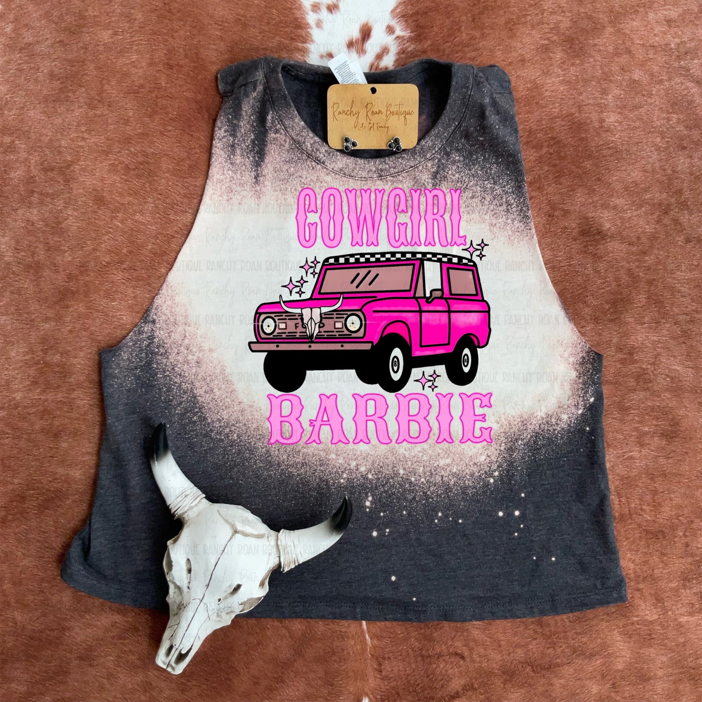 Cowgirl Bronco Crop Top Western Bleached Tank