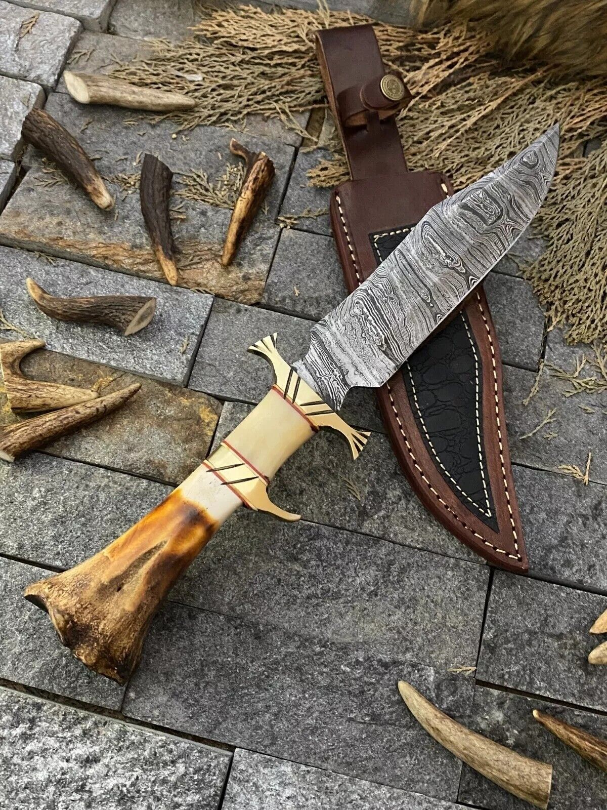 Custom Handmade Damascus Steel Bowie Knife – 13-Inch Blade with Bone and Brass Guard Handle, Includes Leather Sheath
