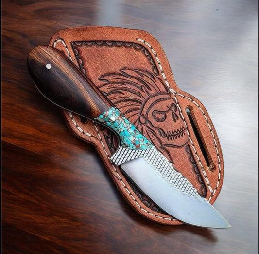 Custom Everyday Carry Knife – 9" Rasp Tool Steel Blade, Rosewood & Stone Handle, Leather Sheath