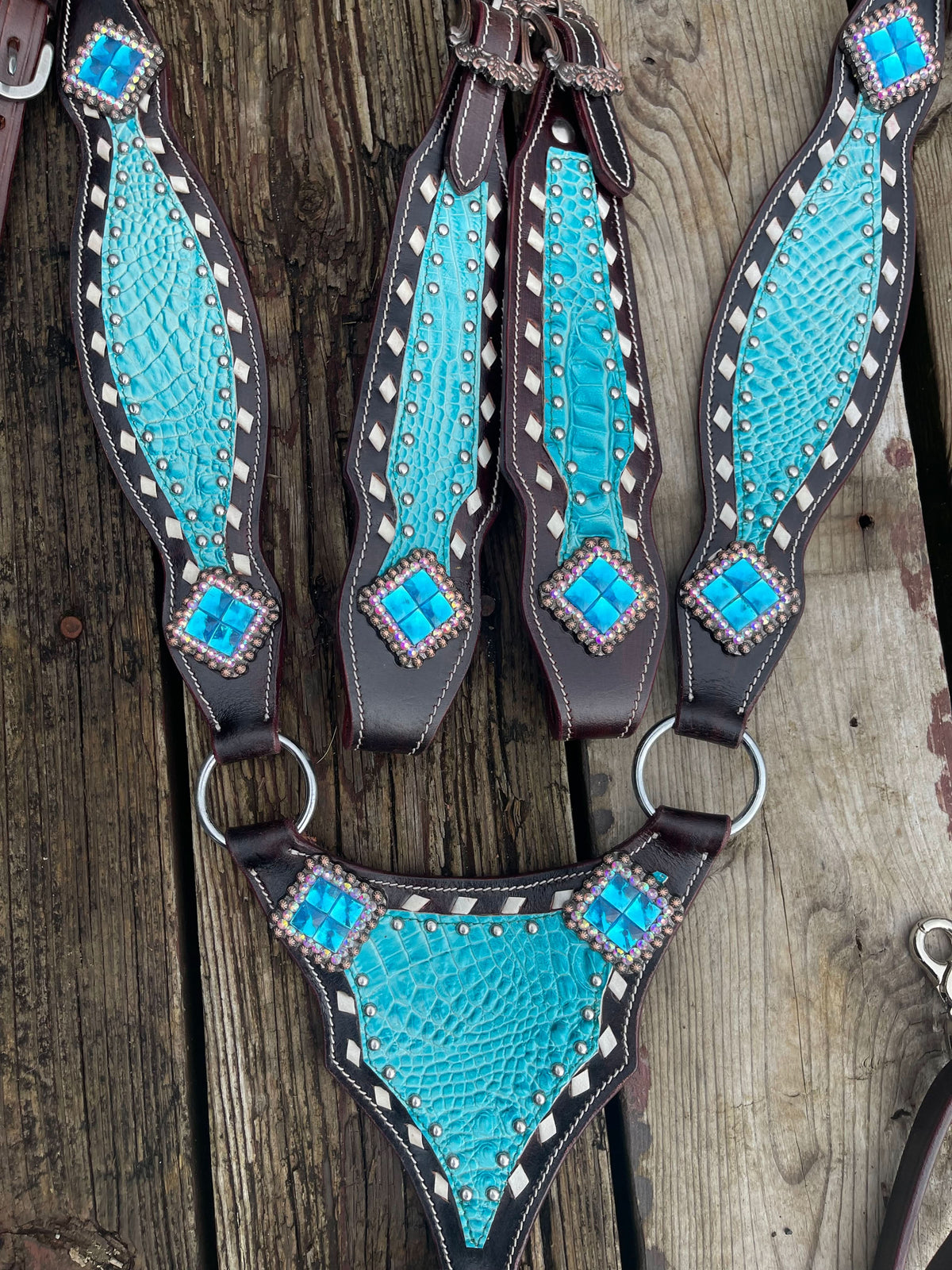 Pre Order Dark brown tack set with teal accent (BHT036)