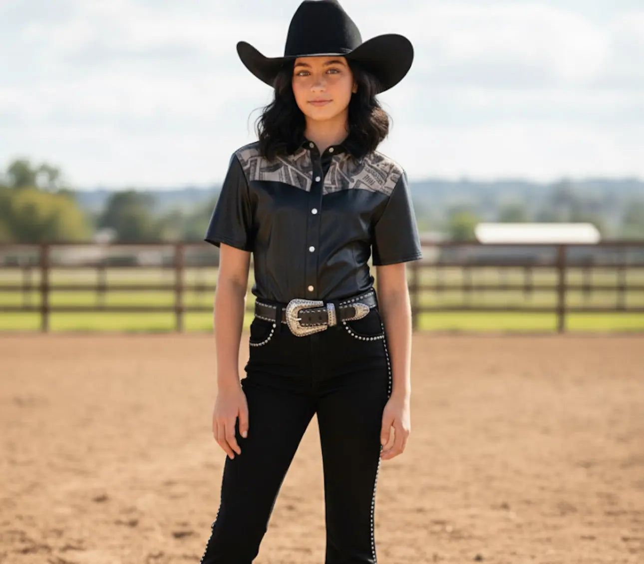 Girls Entry Fees Mesh Yoke Pearl Snap Jackpot Shirt