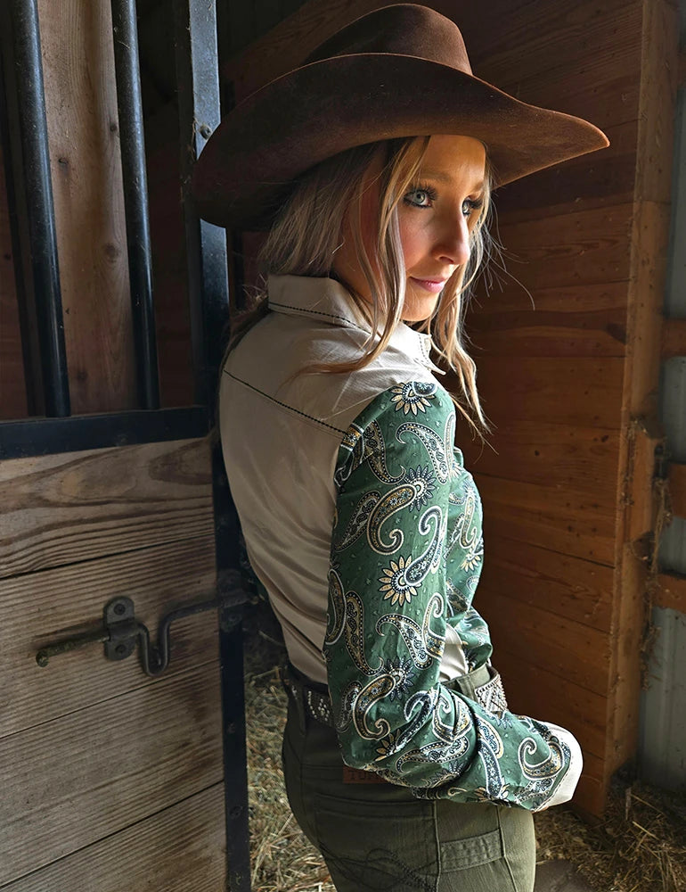 Sage Paisley & Cream Retro Pullover Button Up Lightweight Low Stretch Cowgirl Tuff
