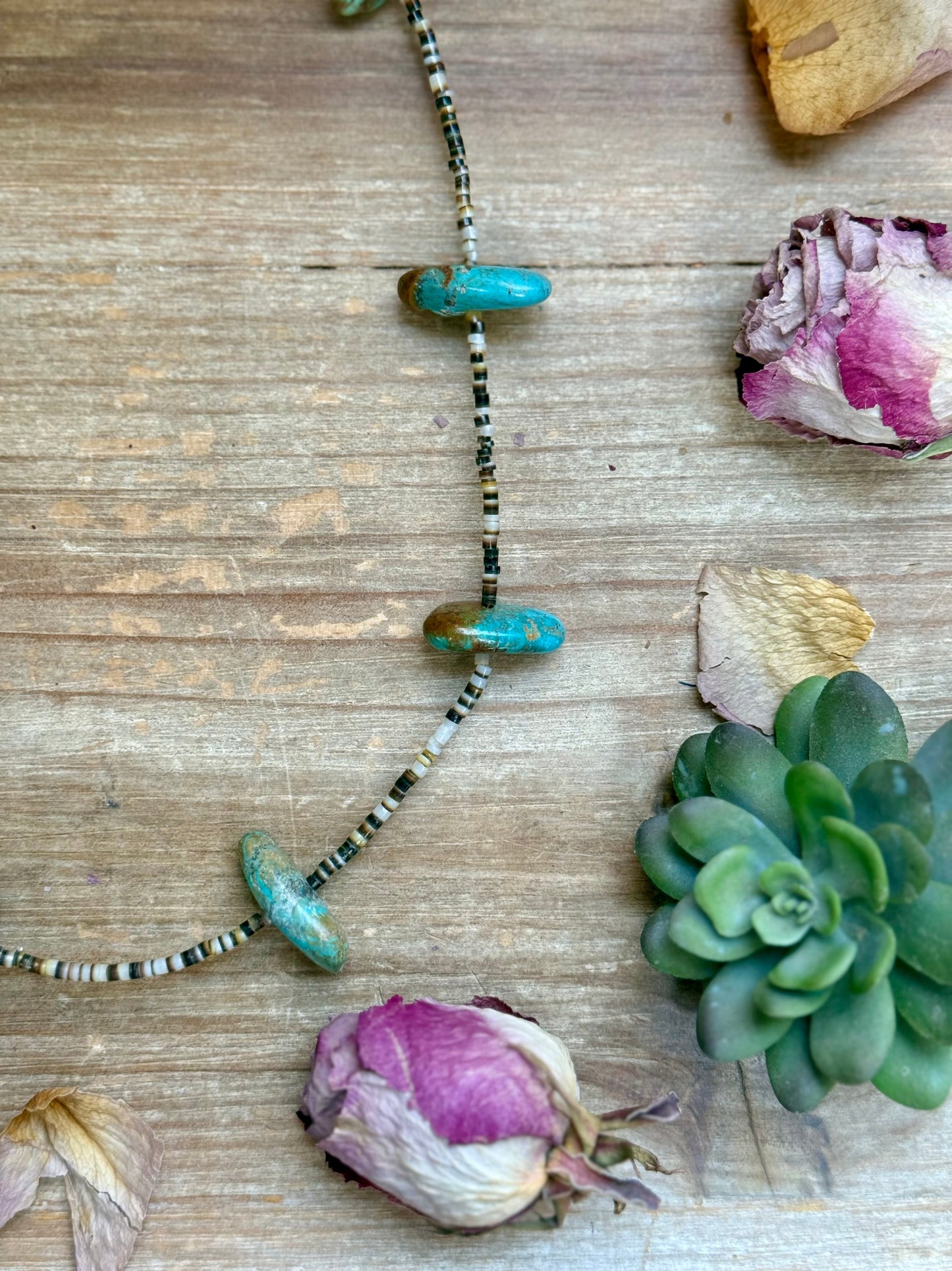 22” Chunky Turquoise & Dark Brown Shell Heishi Necklace