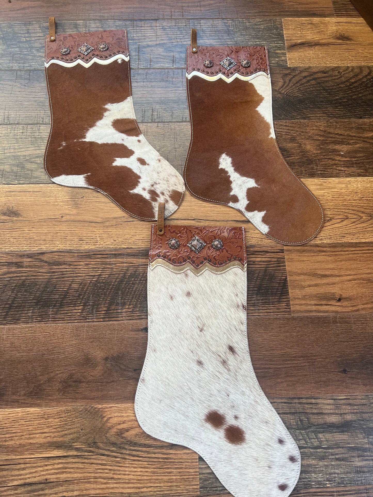 Brown and White Cowhide Christmas Stocking - Tooled Cuff