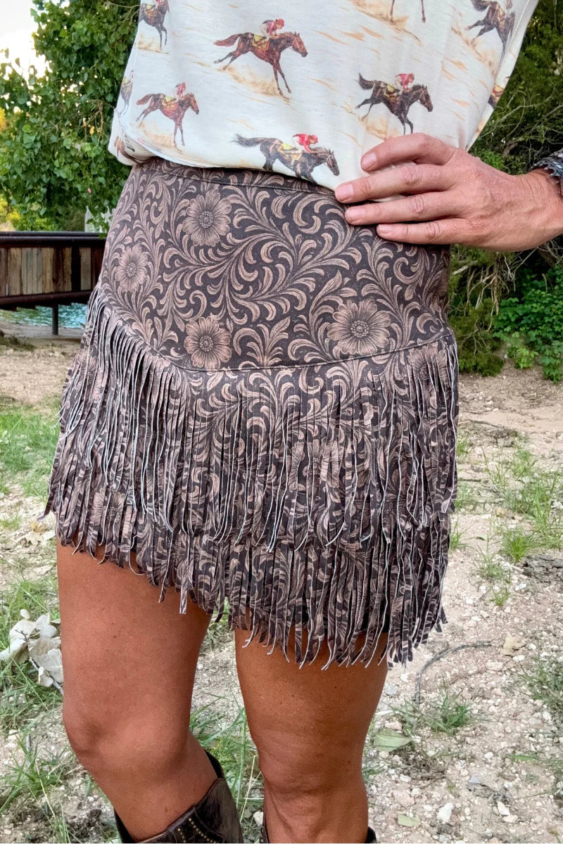 Forth Worth Fringe Skirt - Tooled Leather