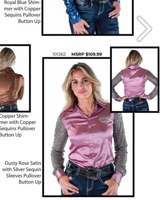 Cowgirl Tuff Dust Rose satin with Silver Sequins pull-over and button up