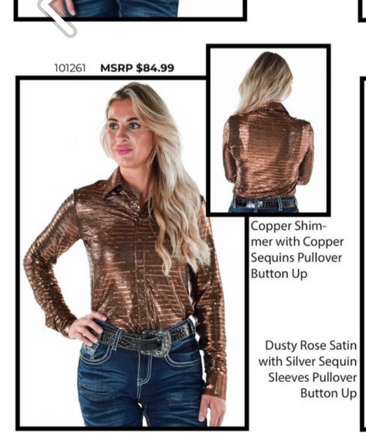 Cowgirl Tuff Copper Shimmer with Copper Sequins pull-over and button up