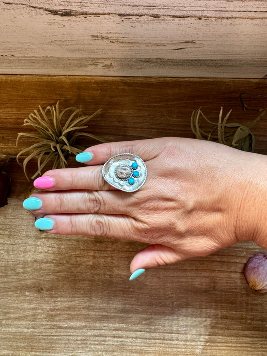 Cowboy Hat Ring with Kingman Turquoise – Triple Stone – Size 7.5 – Sterling Silver