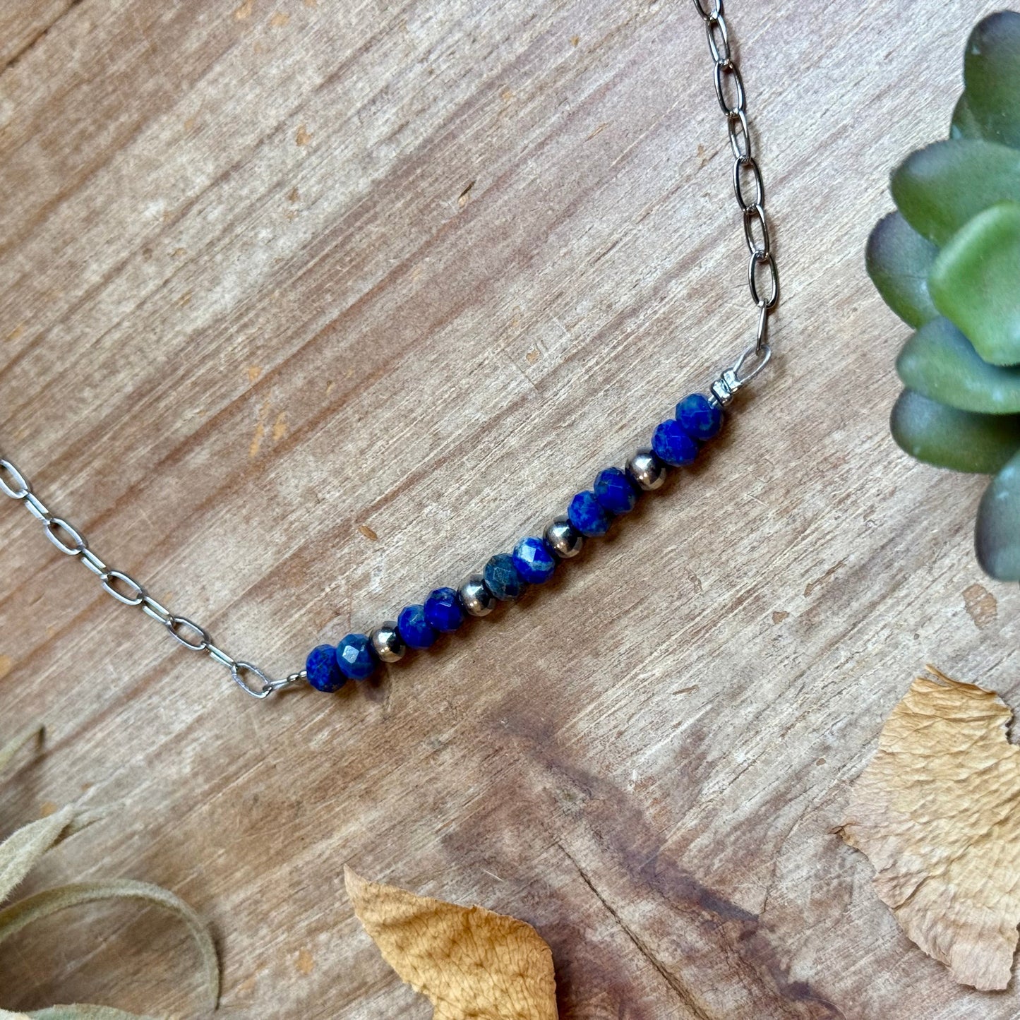Faceted Lapis & Sterling Silver Pearl Paperclip Necklace