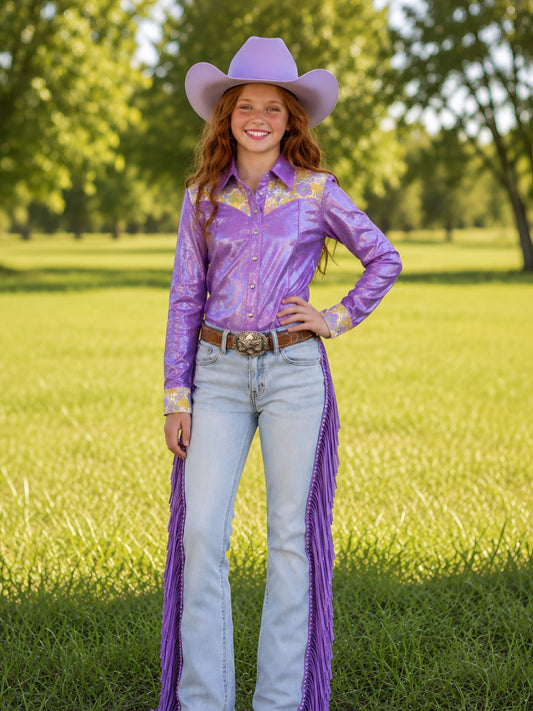 Girls Daphne Purple Metallic Pearl Snap Rodeo Shirt