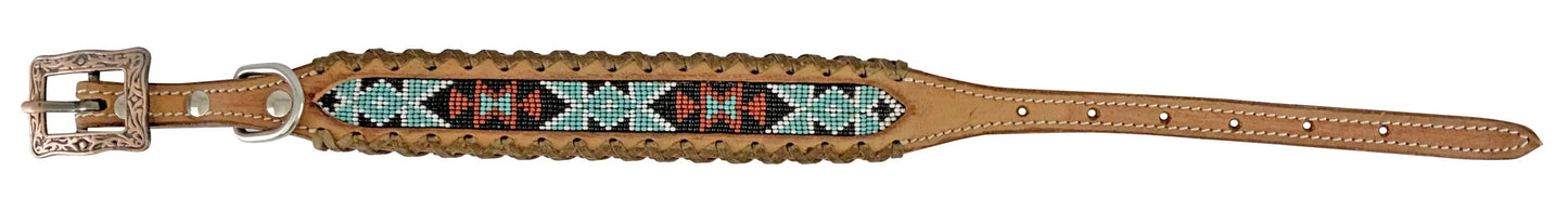 Genuine leather dog collar with teal, white, and black southwest beaded inlay design, a leather wrapped edge