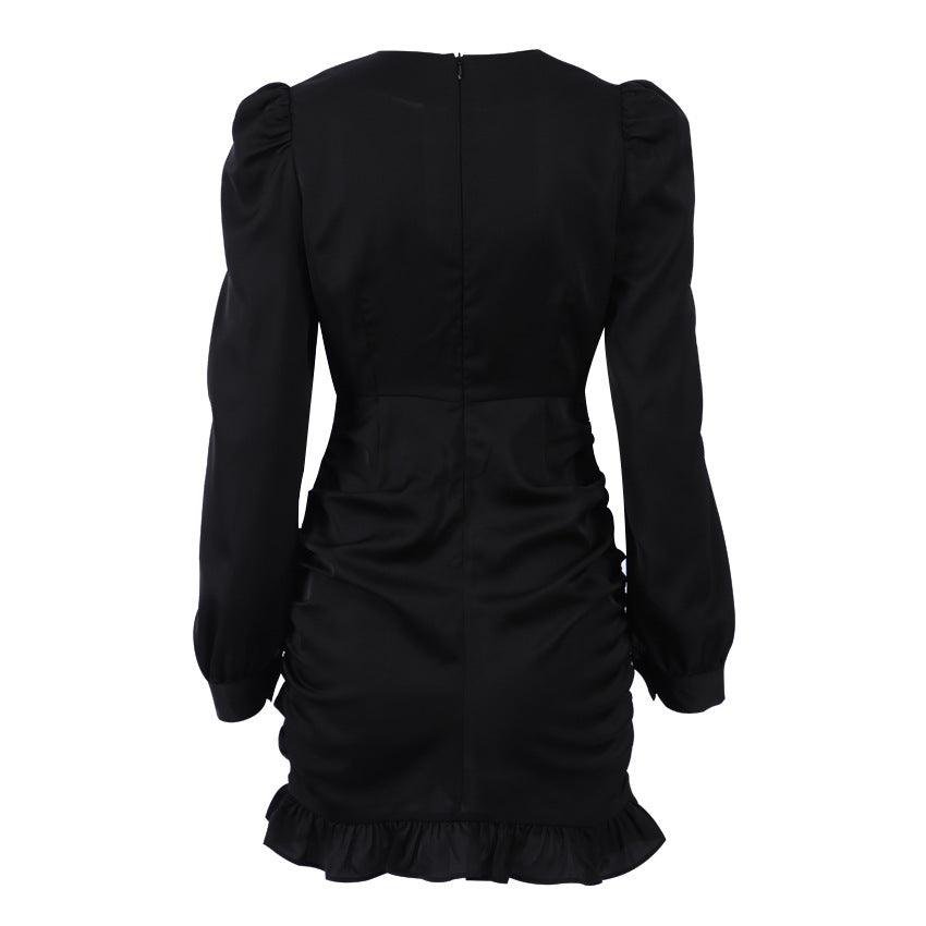 French Pleated Long Sleeved Little Black Dress – Elegant and Trendy Dress for Women