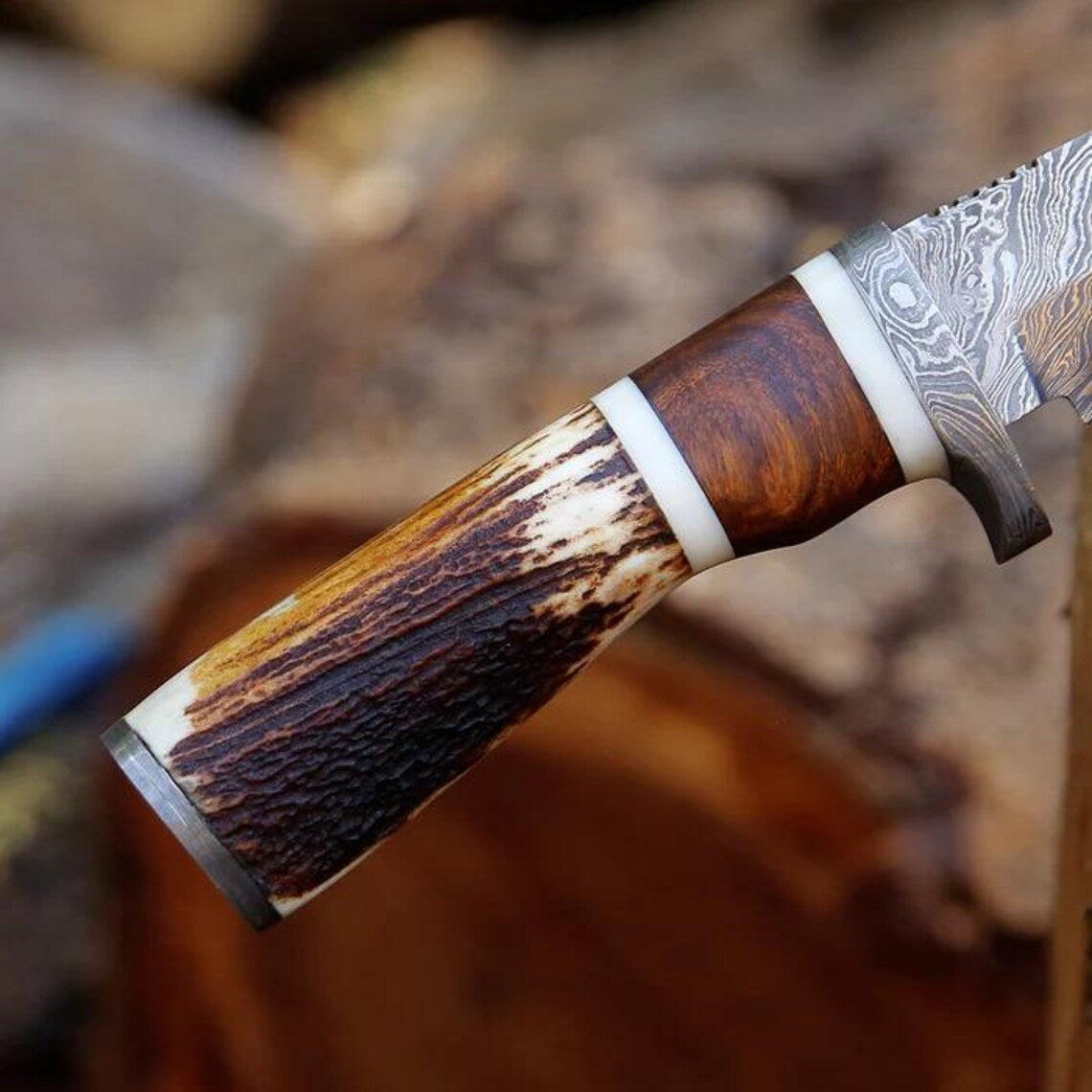 Damascus Steel Hunting Knife – 10" with Damascus Steel Guard & Stag Horn Handle, Includes Leather Sheath