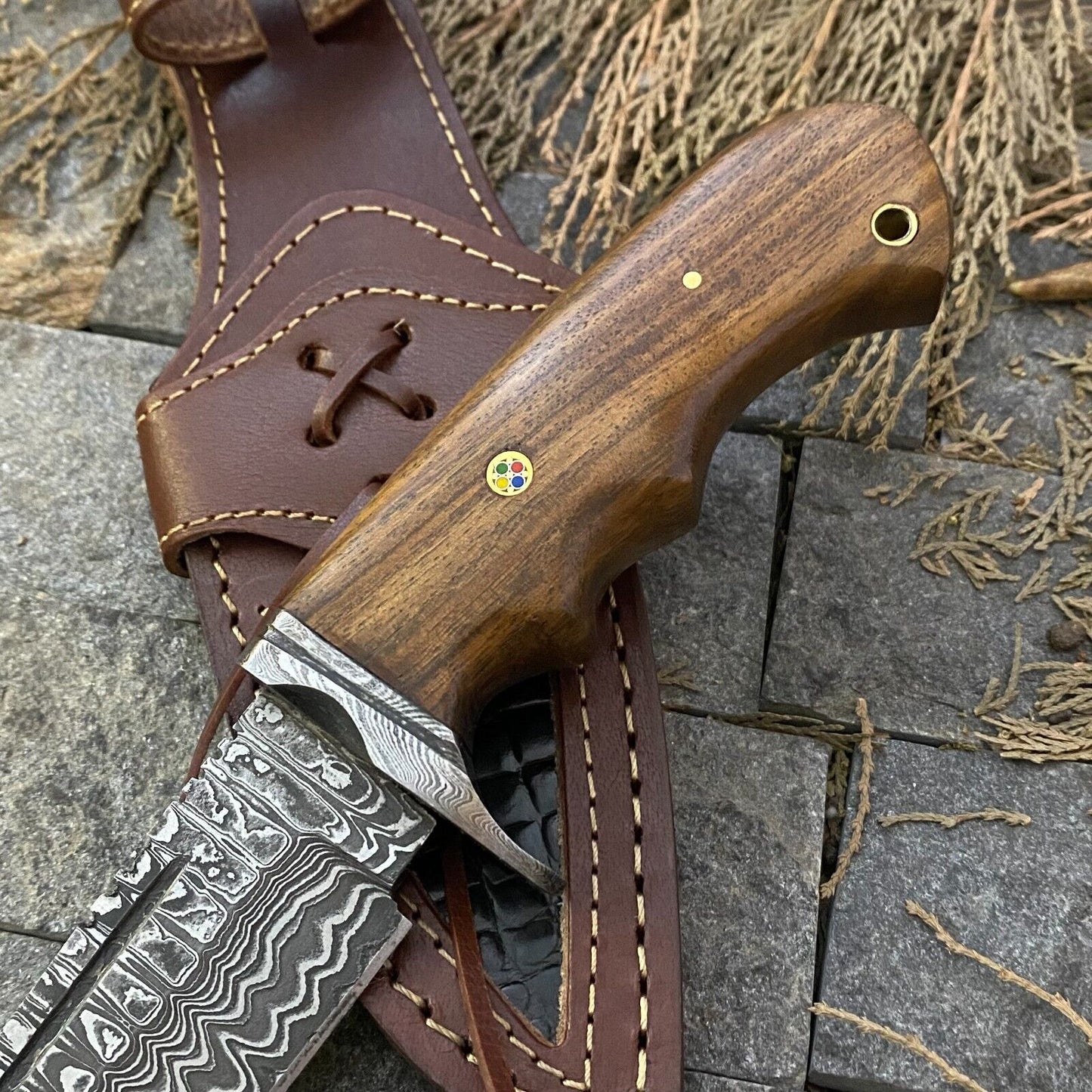 🔥 Handmade Damascus Steel Hunting Knife – Rosewood Handle & Damascus Guard + Leather Sheath