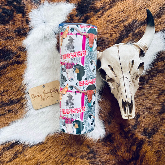Girly Howdy Longhorn Western 20oz Skinny Tumbler
