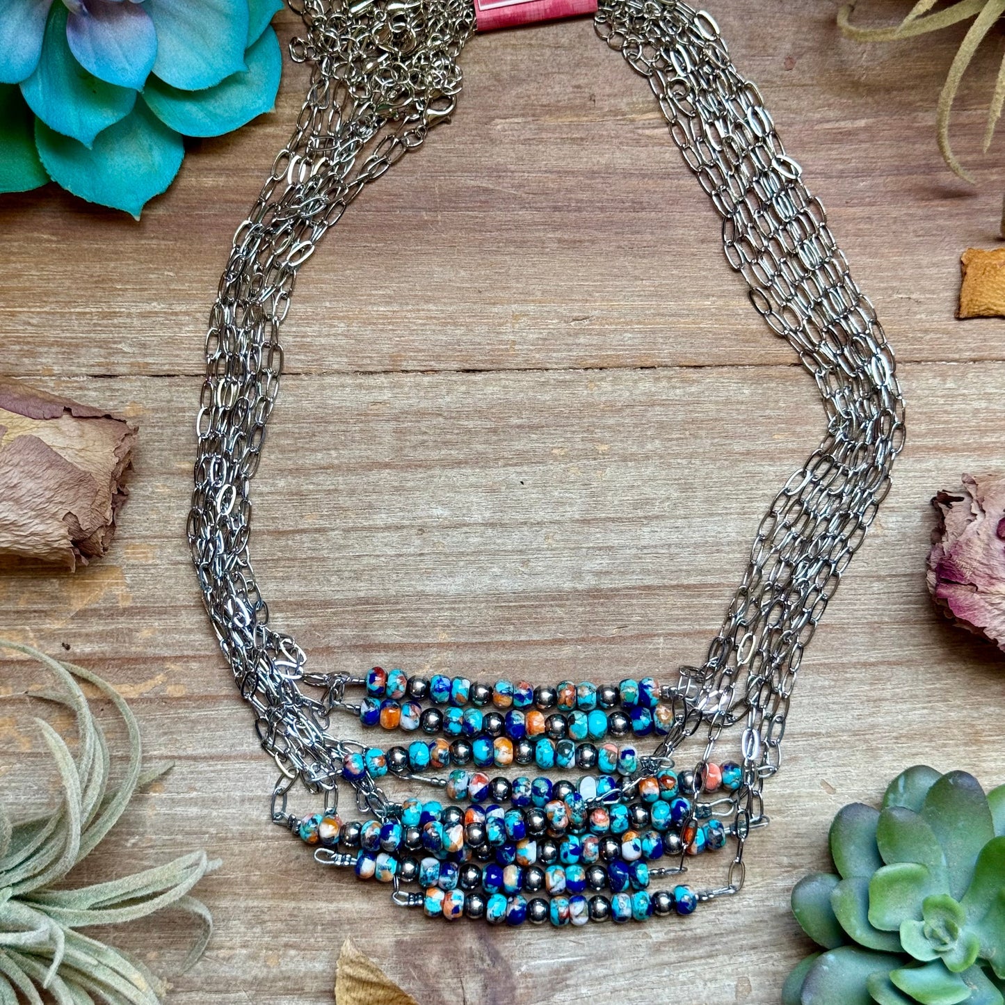 Sterling Silver Pearl & Lapis Turquoise Mix Paperclip Chain Necklace