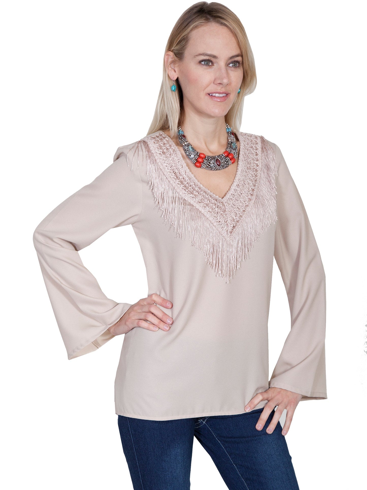 V-neck Blouse W/fringe & Bellsleeves - E250