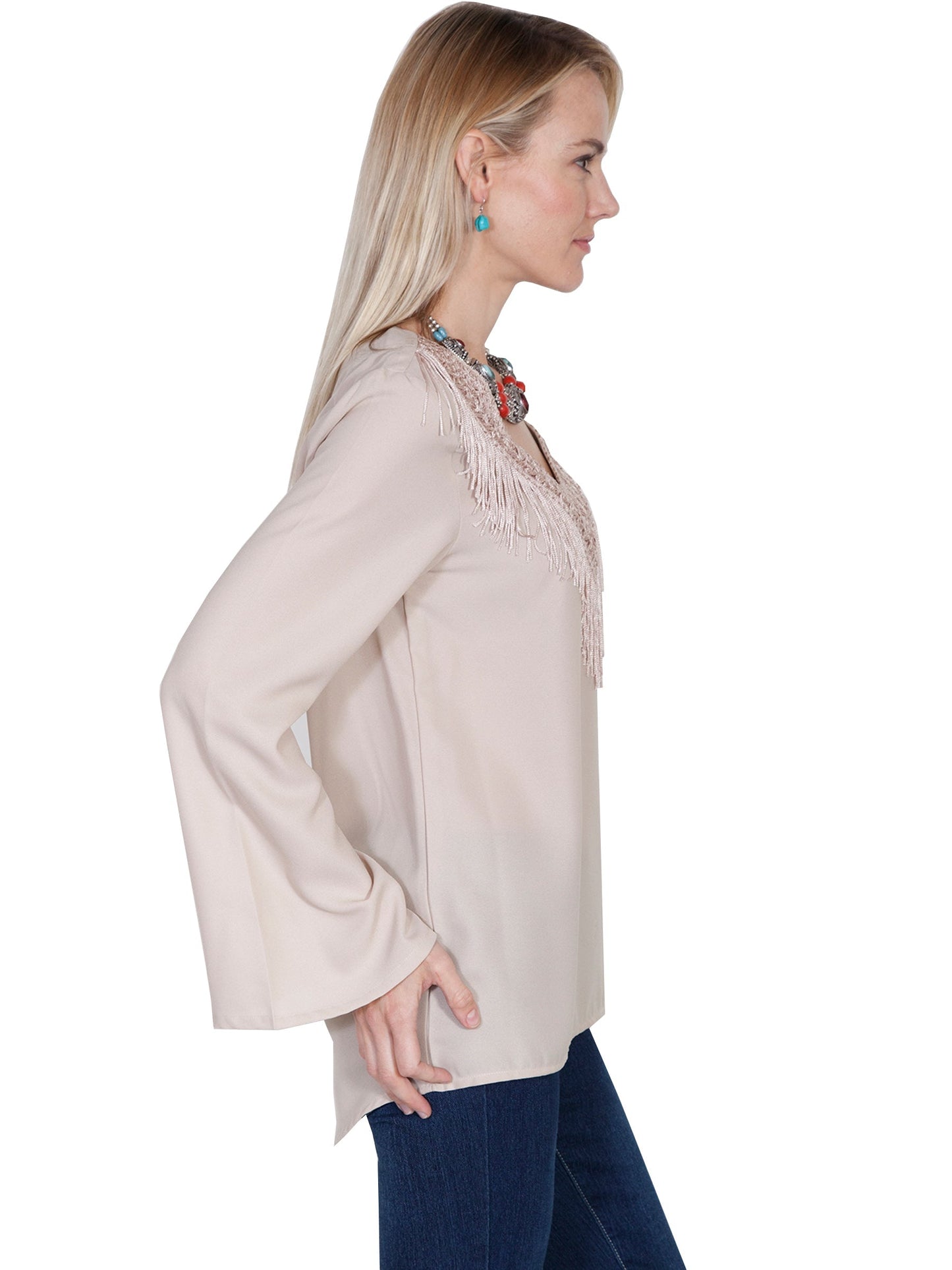 V-neck Blouse W/fringe & Bellsleeves - E250