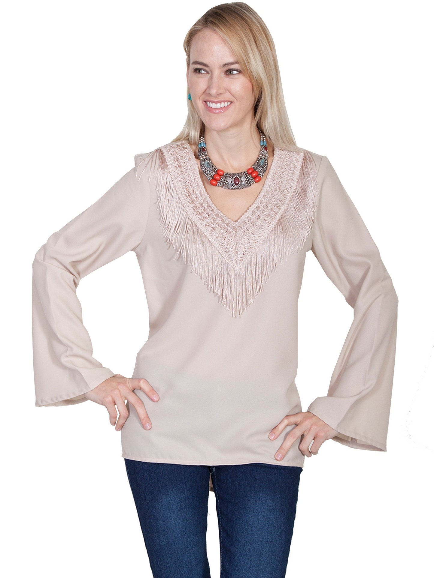 V-neck Blouse W/fringe & Bellsleeves - E250