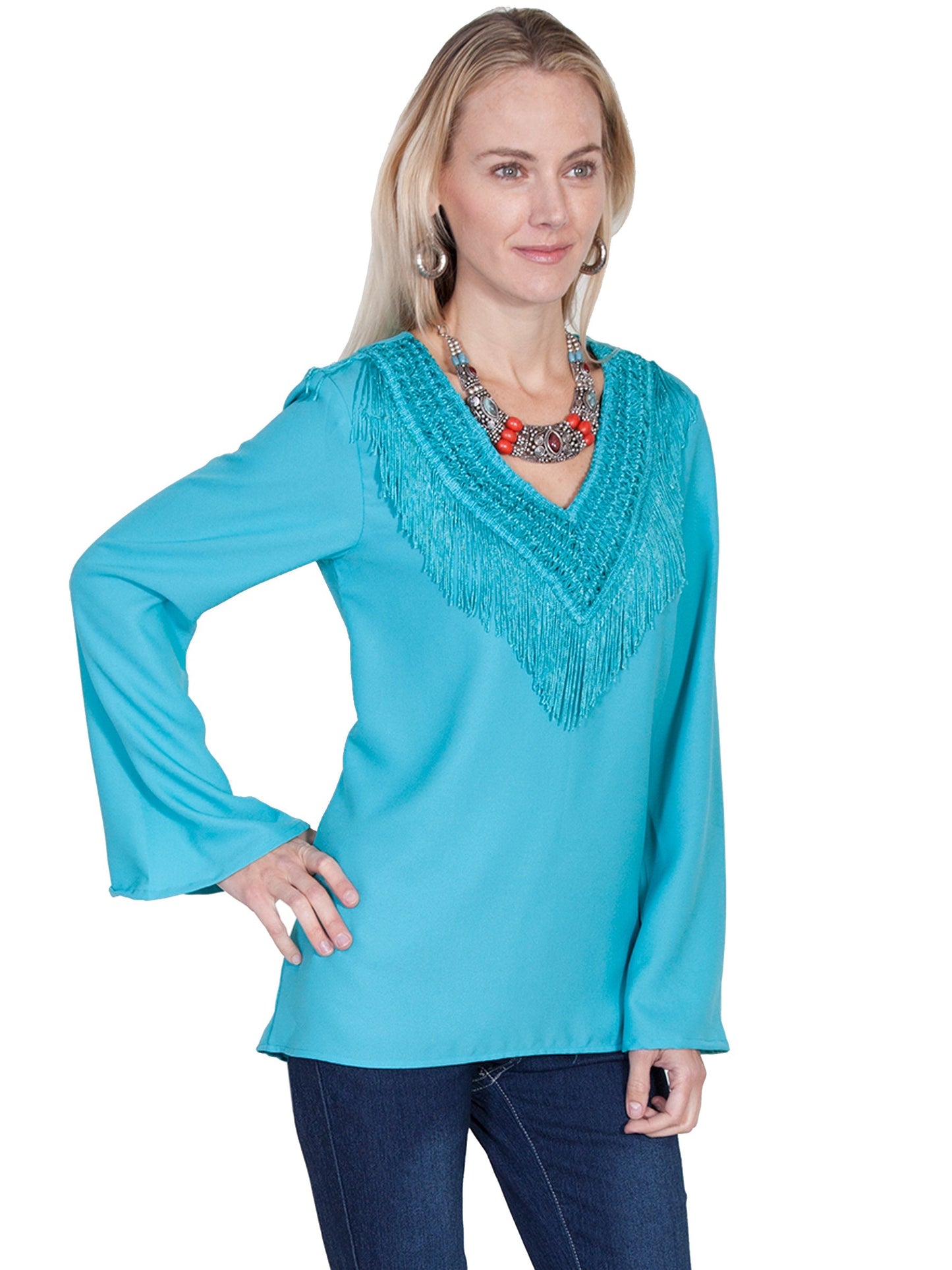 V-neck Blouse W/fringe & Bellsleeves - E250
