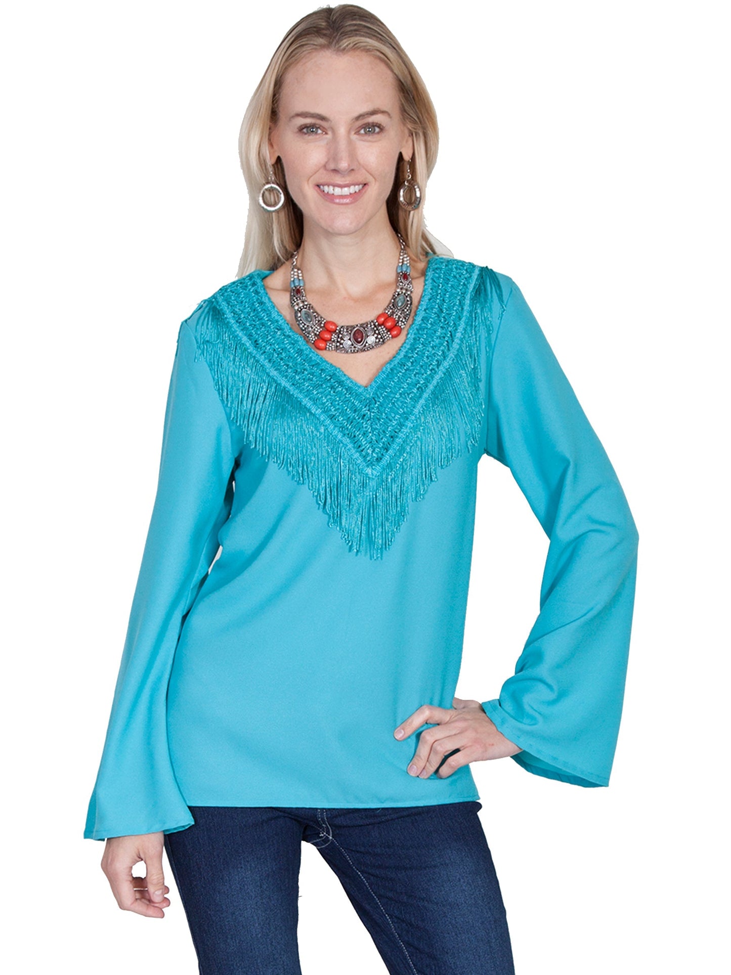 V-neck Blouse W/fringe & Bellsleeves - E250