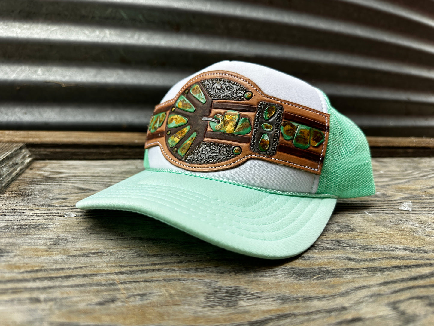Green Turquoise Handtooled Buckle Cap