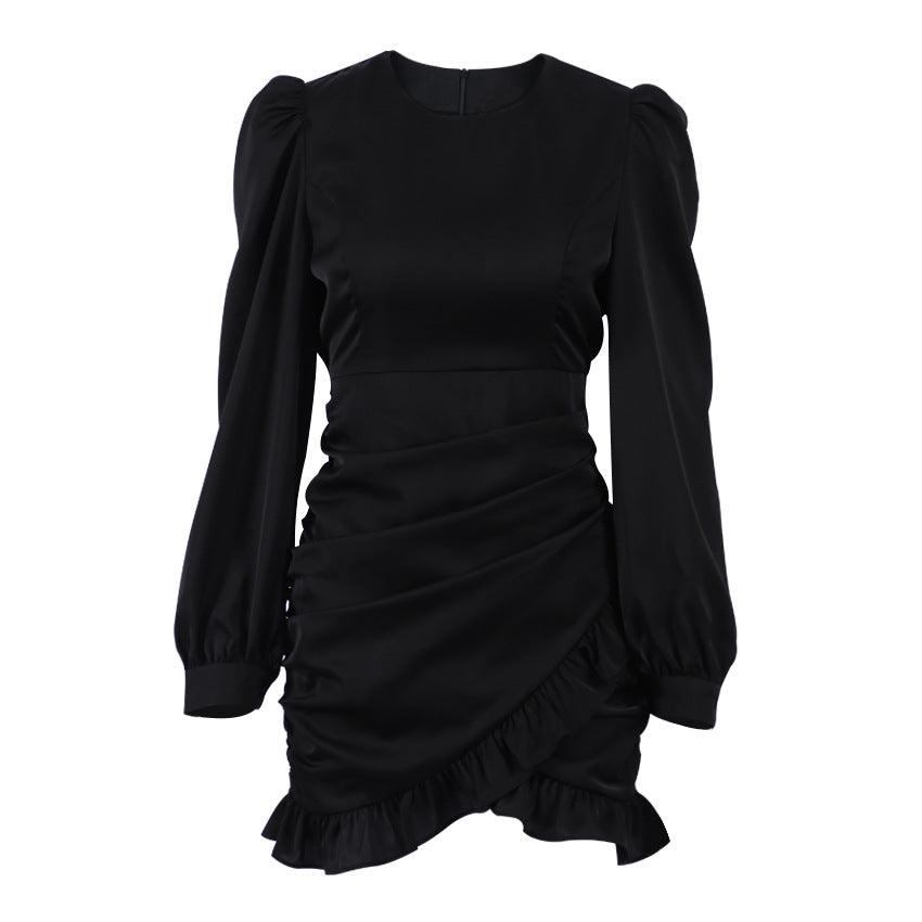 French Pleated Long Sleeved Little Black Dress – Elegant and Trendy Dress for Women