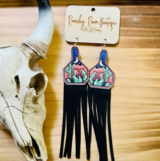 Cactus Leather with Tassel Dangle Cow Tag Earrings