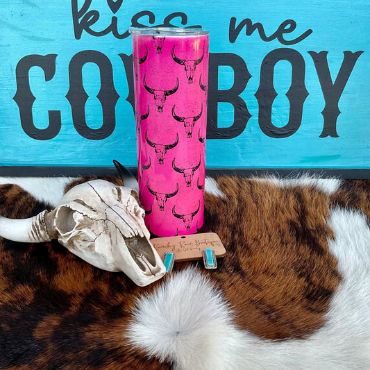 Neon Pink Black Bull Skull 20oz Shimmer Skinny Tumbler