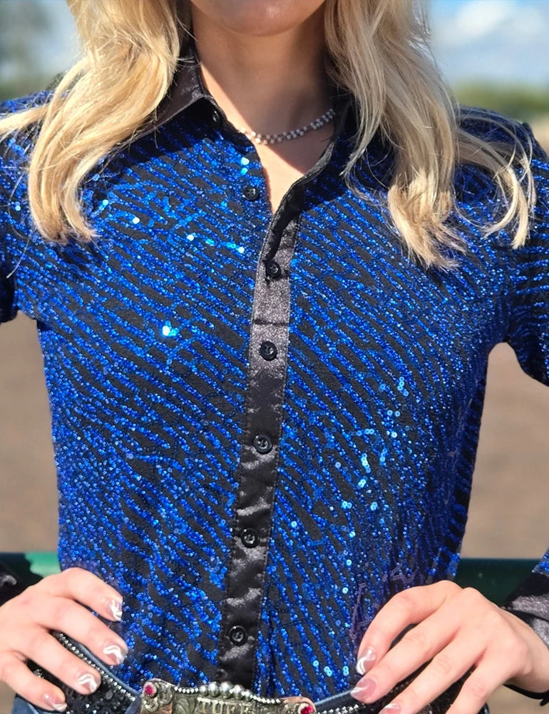 Royal Blue Sequin Swirls On Black Jersey Pullover Button Up With Black Satin Collar Cowgirl Tuff