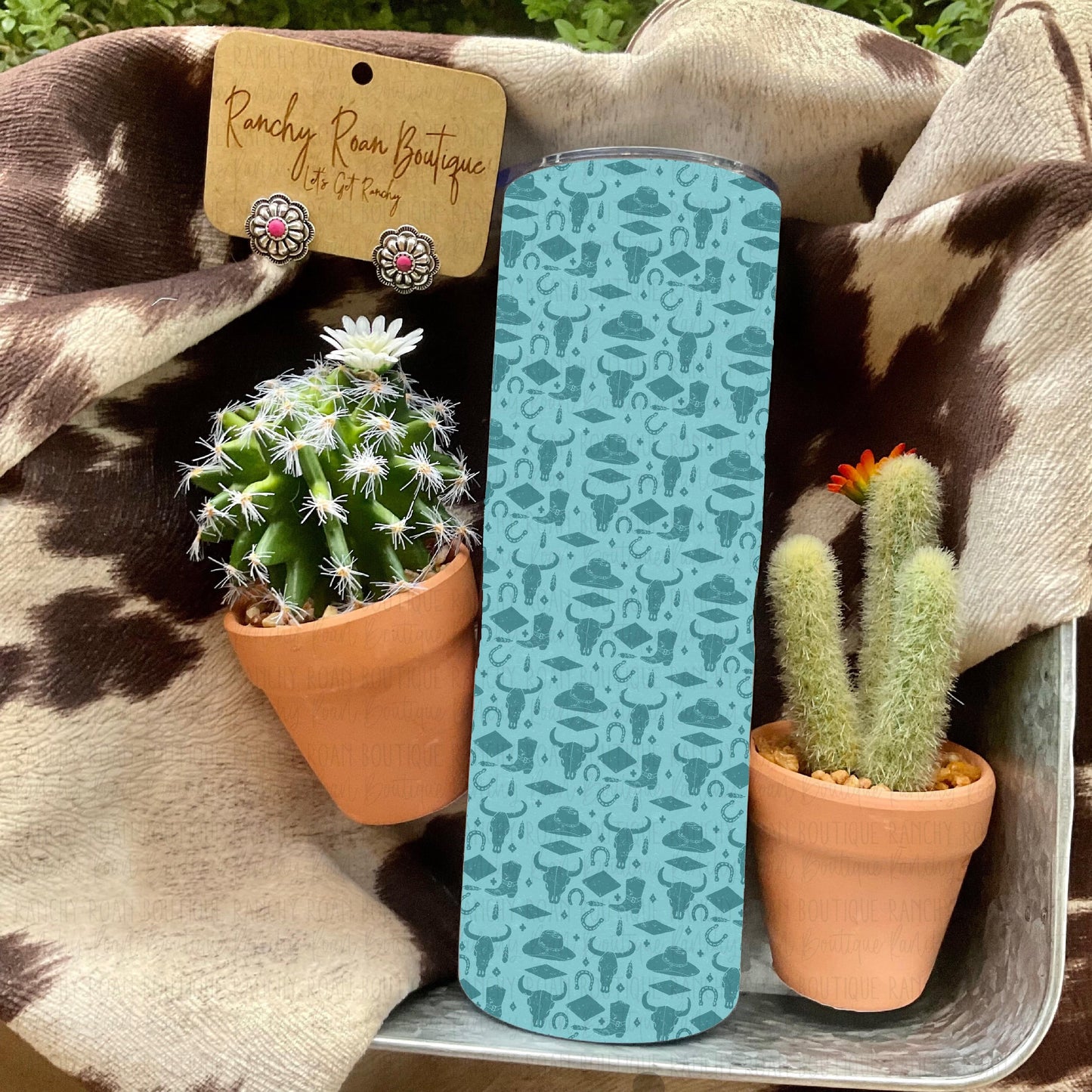 Blue Boho Rustic Skull and Boots 20oz Skinny Tumbler