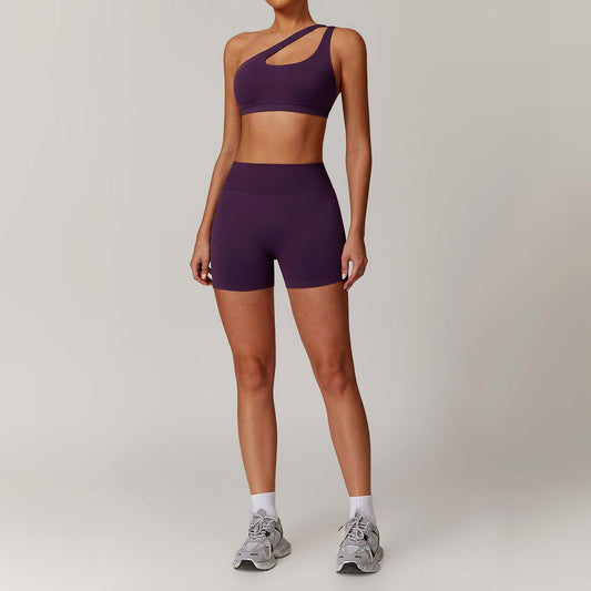 Slant Shoulder Bra + High-Waisted Shorts Yoga Set | Country Girl Fitness Outfit