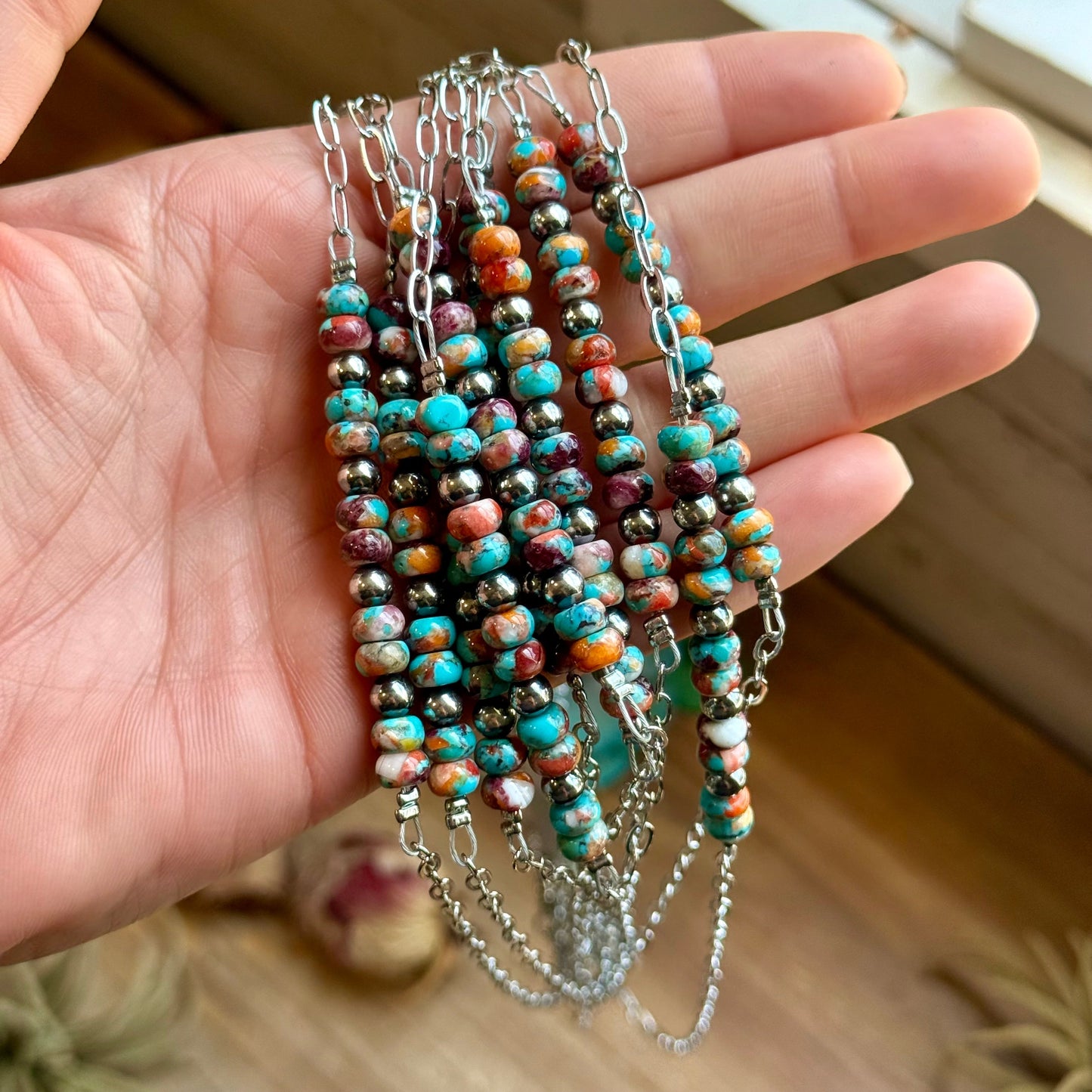 Mojave Turquoise, Spiny Oyster & Sterling Silver Pearl Paperclip Necklace