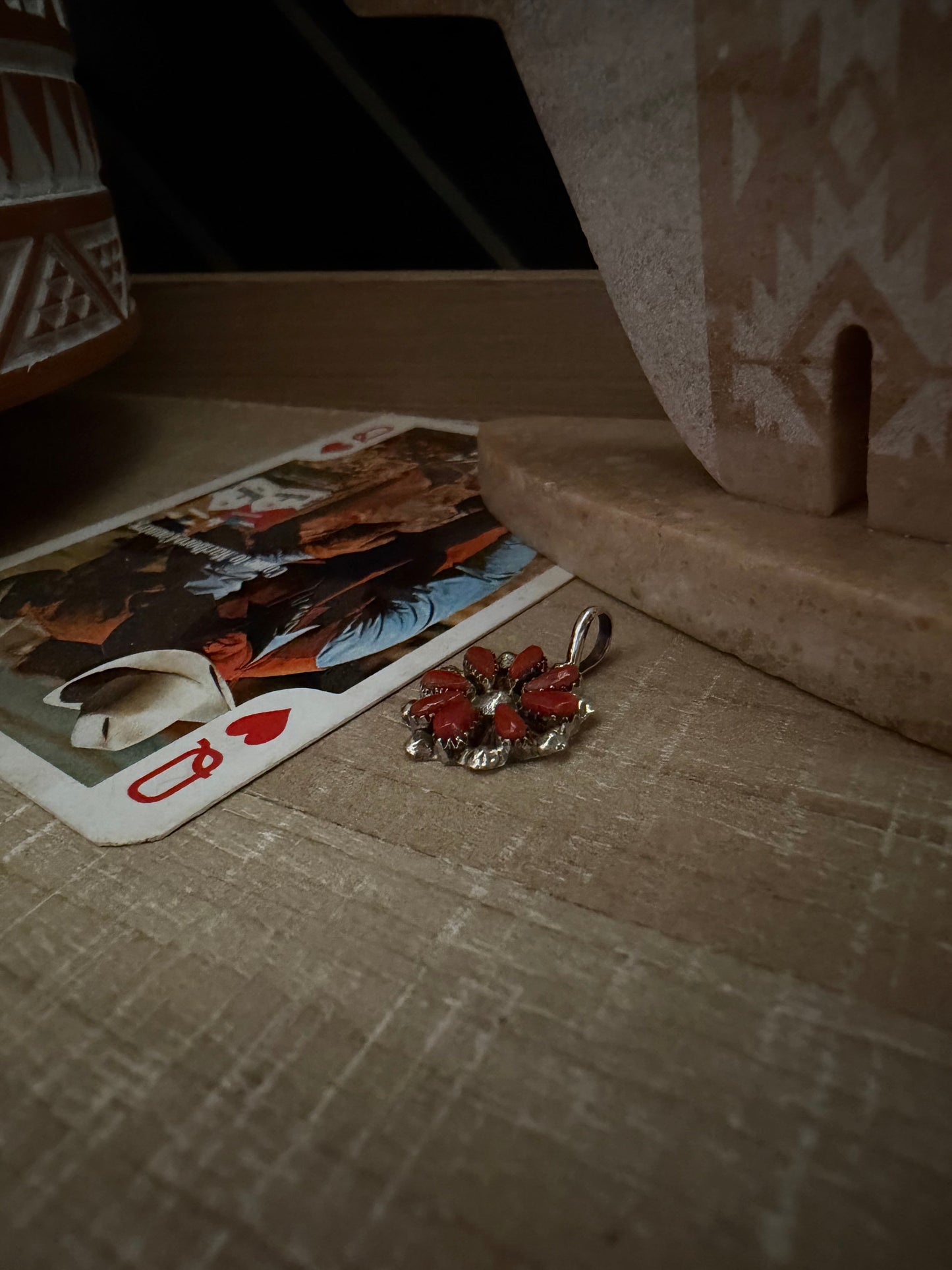 THE DAVID LEEKITY CORAL ZUNI PETIT POINT CLUSTER PENDANT