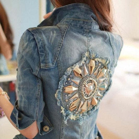 Cute Diamonds Encrusted Half Sleeve Denim Jacket